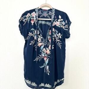 Johnny Was Sheer Embroidered Blouse Navy Floral Size S Bohemian Chic